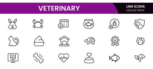 Caring vector web line icons illustrating veterinary tools, pet care, animal health, diagnostics, and compassionate animal wellness services.