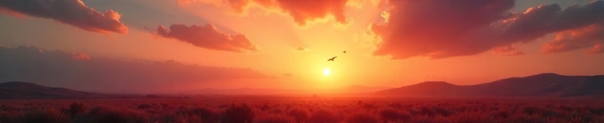 Obraz premium A lone bird soars high above a vast, open landscape, wings outstretched against a vibrant sunset The feeling of limitless possibility and unbound spirit fills the scene , colors, powerful, free
