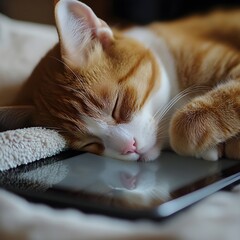 A sleeping cat rests its head on a smartphone, creating a cozy and serene atmosphere. feline mischief concept