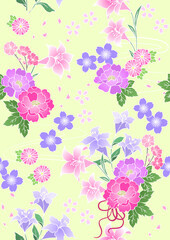 爽やかな黄色の和柄シームレスベクターデータ 百合と牡丹 桜 浴衣