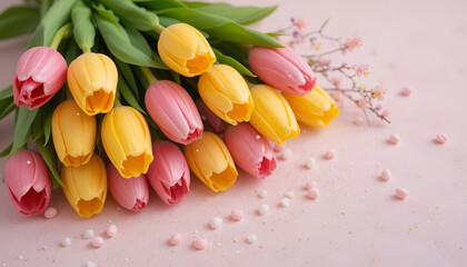 Vibrant Pink and Yellow Tulip Bouquet with Candy