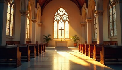 Obraz premium A serene church interior bathed in sunlight, highlighting stained glass and an altar; perfect for themes of peace, faith, and spirituality , holy, romanesque, belief