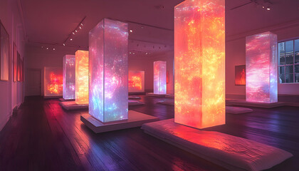 Illuminated, translucent monoliths glow warmly within a room with glossy wood floors, casting soft light