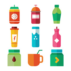 Flat design illustration of colorful beverage containers on white