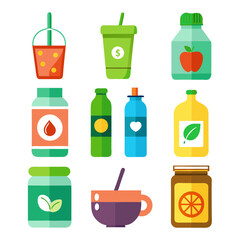 Assortment of flat design beverage and food containers