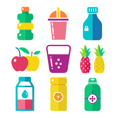 Assorted fresh fruit juice beverages in colorful containers illustration