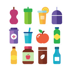 Collection of colorful cartoonish healthy drinks and food items