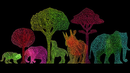forest with neon trees and polygonal animals illuminated by soft ambient light