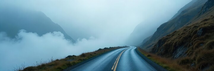 A winding mountain road disappears into a heavy fog, creating a mysterious and atmospheric scene The path is barely visible, hinting at the unpredictable nature of mountain weather , driving, clouds