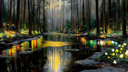 of translucent plants pulsing with colorful bioluminescent light in twilight