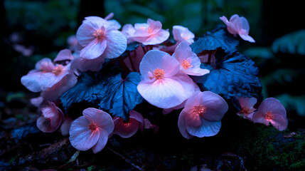 of translucent plants pulsing with colorful bioluminescent light in twilight