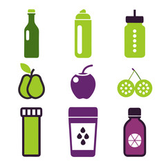 Green and purple health product icons isolated on white background