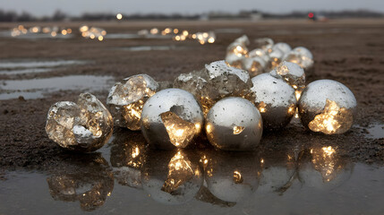 tundra with reflective ice shards and floating chrome orbs hovering above ground