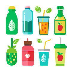 Flat design set of colorful beverage bottles and cups