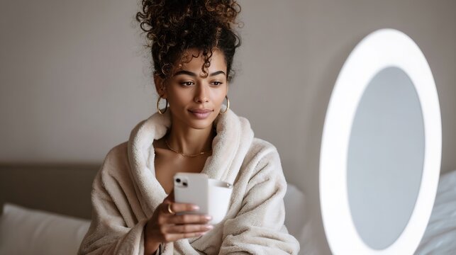 Young woman with curly hair in bathrobe using smartphone at ring light