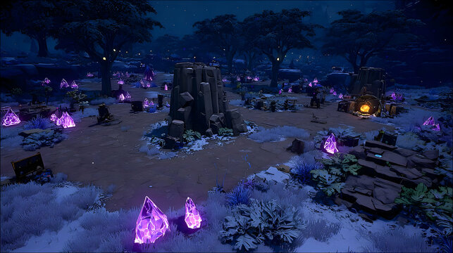 tundra with reflective ice shards and floating chrome orbs hovering above ground