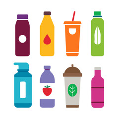 Assortment of brightly colored beverages in bottles and cups
