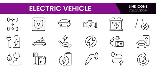 Sleek vector web line icons showcasing electric vehicles, charging stations, eco-friendly transport, and sustainable automotive innovation.