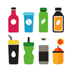 Colorful flat vector icons of various drink containers