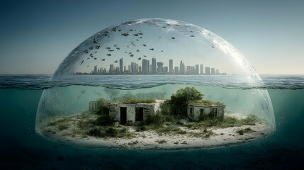 city built of glass bubbles, digital fish, and luminous ruins