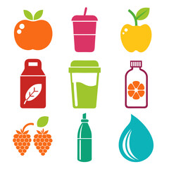 Colorful vector icons of healthy food and drinks items
