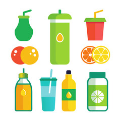 Colorful assortment of drinks and fruits flat design illustration
