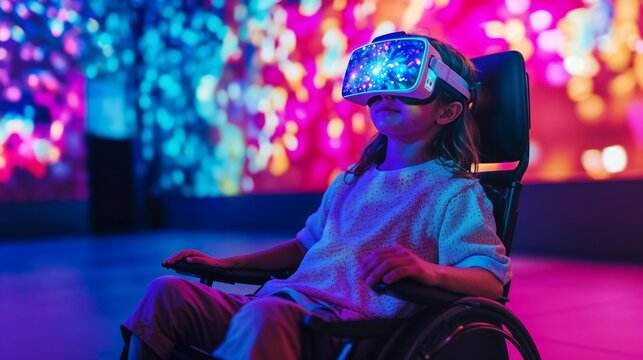 Phygital Sport for People with Disabilities, Child in wheelchair experiencing virtual reality, for Edutainment products, accessible gaming promotion, digital therapy tools 