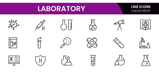 Precise vector web line icons depicting laboratory equipment, scientific research, experiments, analysis, and innovative discoveries in science.