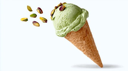 Green ice cream cone with nuts on top. The cone is half eaten