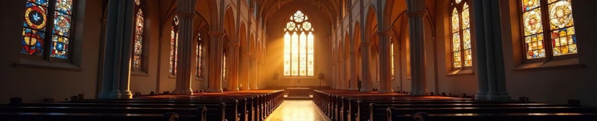 Fototapeta premium A majestic church interior filled with soft light illuminating stained glass windows, creating a serene and peaceful atmosphere perfect for worship and reflection , hope, divine