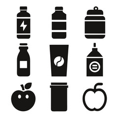 Black and white icon set of healthy lifestyle essentials