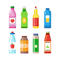 Diverse assortment of bottled beverage illustrations in flat design style