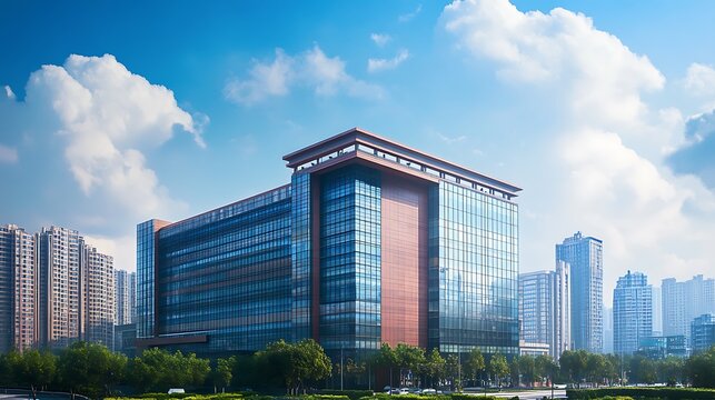 Modern glass office building gleams beneath a partly cloudy blue sky in a sprawling cityscape