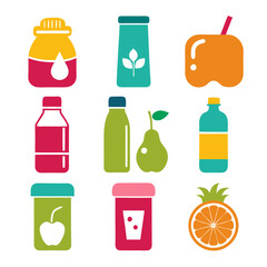 Colorful flat icon set featuring healthy food and drink