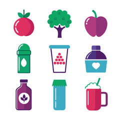 Colorful Fruit and Drink Icon Set on White Background