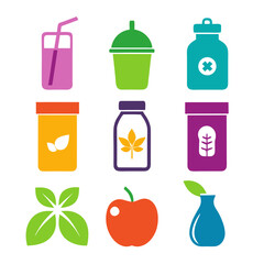 Colorful flat icons of fruits and organic products design