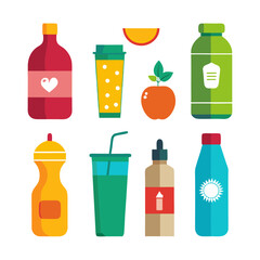 Collection of flat design bottles, beverages, and fruit