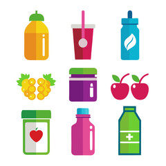 Colorful fruit and liquid containers on white background illustration