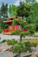 A beautiful wooden pavilion stands amid lush greenery and vibrant foliage in a peaceful garden