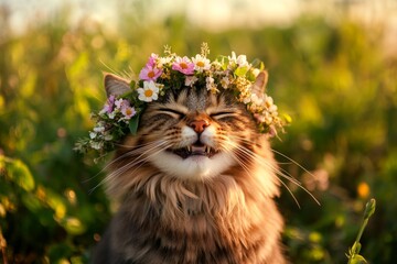Vacation time happiness. Cute adult cat somali wearing primal flower circlet on its head. Early sunshine. Summer retreat for pets. Joyful pet with natureâ€™s touch. Sunshine and flowers for cat.