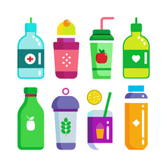Vector illustration of various colorful healthy drinks and beverages