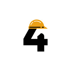 Fototapeta premium Number 4 Logo with Yellow Hard Hat, Creative construction-themed logo featuring the number 4 wearing a yellow safety helmet, symbolizing labor, safety, and industry.