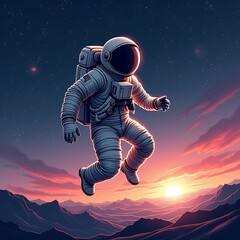Astronaut Floating Over Mountain Range at Sunset Illustration