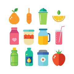 Flat vector icons of healthy drinks and fresh produce