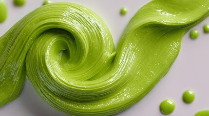 Green blob of slime is curled up on a white background. The blob is green and has a shiny, smooth texture