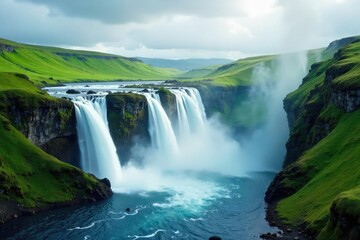 Serene cascading waterfall tumbling down lush green hills, creating a misty, ethereal atmosphere Perfect for nature, travel, and environmental themes , adventure, cascading, vegetation
