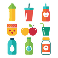 Colorful flat vector icons of drinks and fruits set