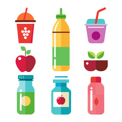 Flat vector illustration of fresh healthy colorful drinks and snacks