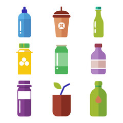 Colorful assorted beverage bottles and cups vector illustration set