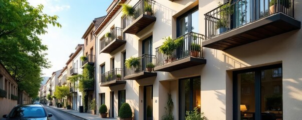 Fototapeta premium Sleek, modern apartment building in a European city Balconies overlook a charming street scene Perfect for travel, real estate, or architectural projects , style, house, residential